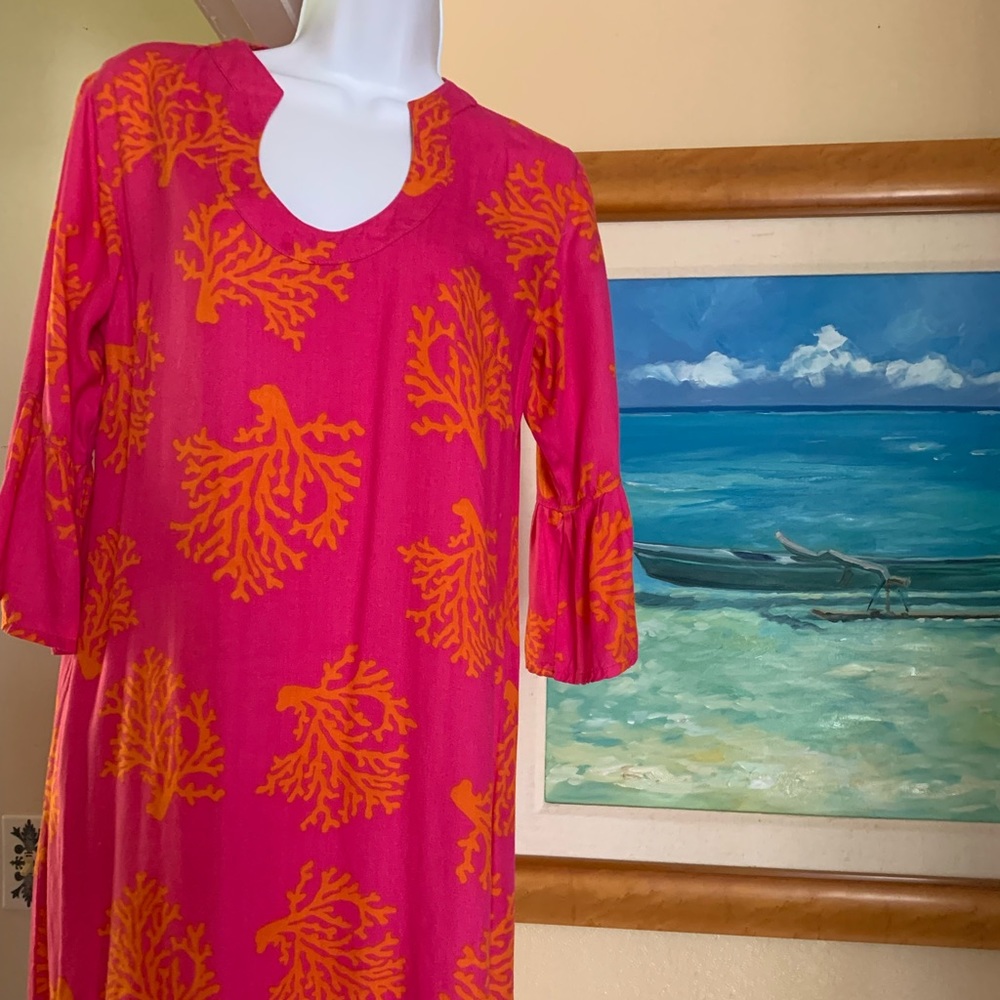 *Escapada S Rayon Pink& Orange Coral 🪸 Print Shift Tunic Mini Dress Bell Sleeve